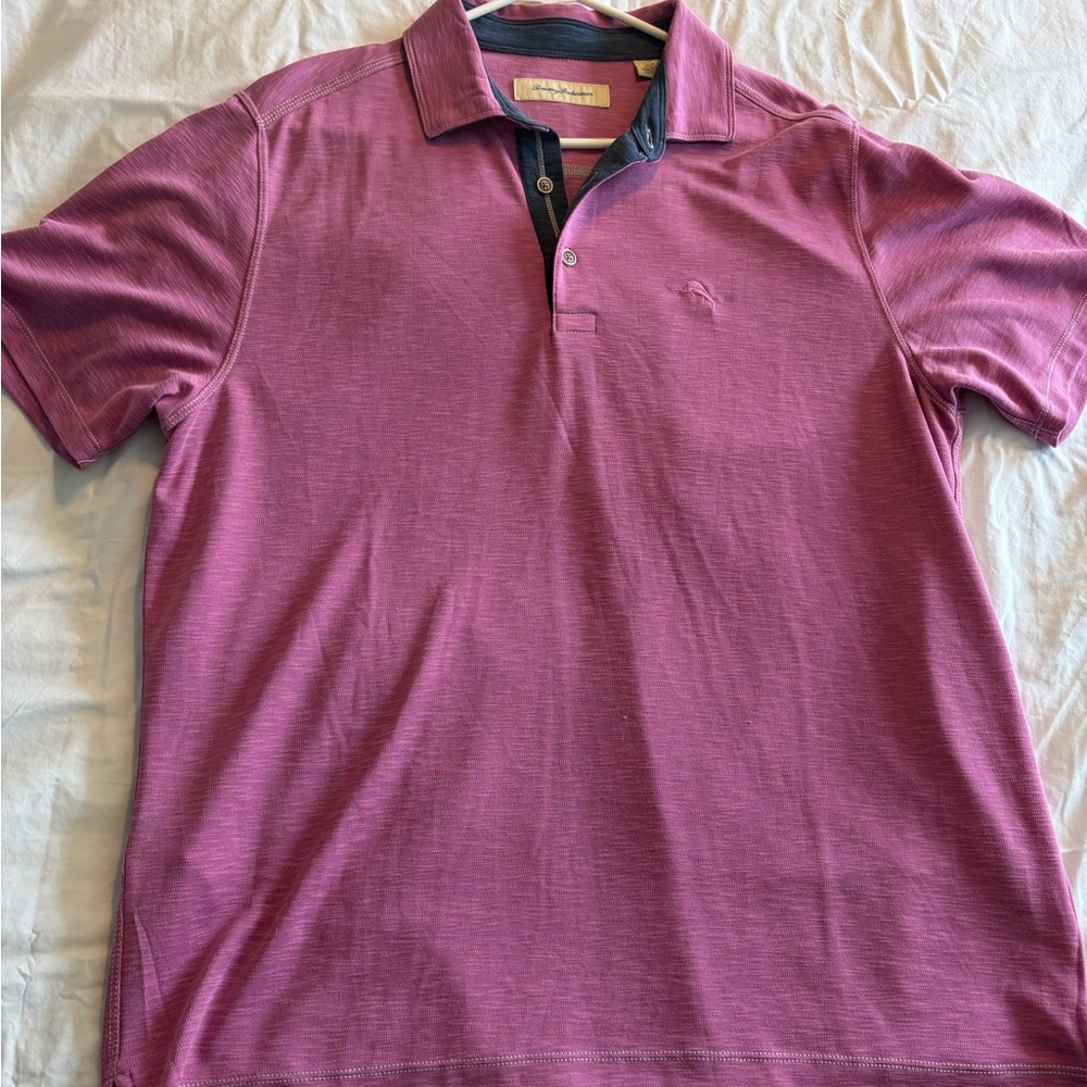 Tommy Bahama Men's Polo Size Large in Mauve Rose with Navy Trim